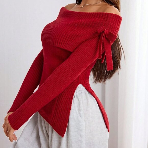 Sweaters - Burgundy Casual Women's Asymmetric Hem Off Shoulder Long Sleeve Sweater